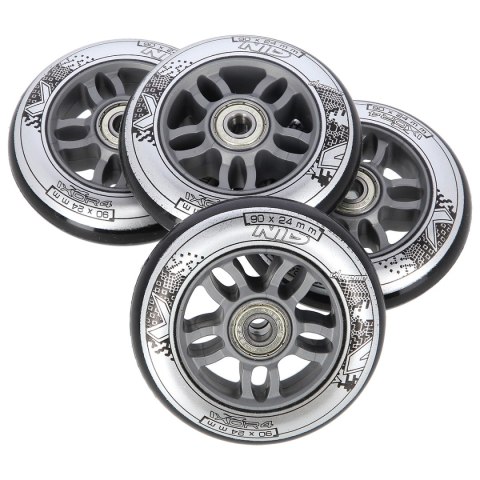 PU 90x24 82A CZARNE (4 szt.) + ABEC-9 CHROME (8 szt.) ZESTAW NILS EXTREME PU 90x24 82A CZARNE (4 szt.) + ABEC-9 CHROME (8 szt.) ZESTAW NILS EXTREME