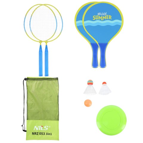 NRZ053 3W1 / ZESTAW DO BADMINTONA 2 RAKIETY + 2 RAKIETY NA PLAŻĘ + LOTKI + FRISBEE JUNIOR NILS NRZ053 3W1 / ZESTAW DO BADMINTONA 2 RAKIETY + 2 RAKIETY NA PLAŻĘ + LOTKI + FRISBEE JUNIOR NILS