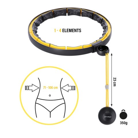 HHM21 HULA HOP BLACK/YELLOW Z MAGNESAMI, WYPUSTKAMI TPE I OBCIĄŻNIKIEM + LICZNIK HMS HHM21 HULA HOP BLACK/YELLOW Z MAGNESAMI, WYPUSTKAMI TPE I OBCIĄŻNIKIEM + LICZNIK HMS