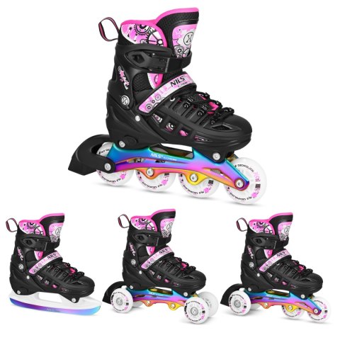 NH10905 4w1 ŁYŻWOROLKI LED RÓŻOWE Z WYM. PŁOZĄ HOKEJOWĄ RAINBOW ROZM. M(35-38) NILS EXTREME