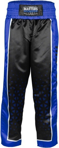 Spodnie do kickboxingu MASTERS "COMBAT" czarno-niebieskie (WAKO APPROVED)