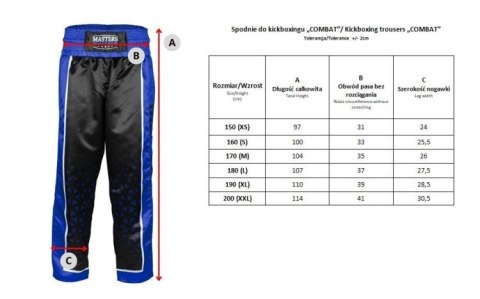 Spodnie do kickboxingu MASTERS "COMBAT" czarno-niebieskie (WAKO APPROVED)